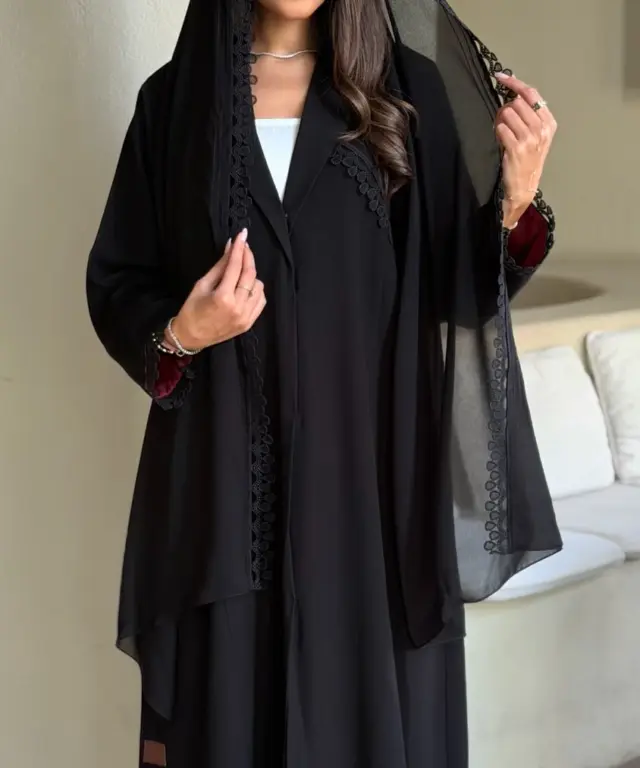 Black Burgundy Lace Layered Abaya product image 1