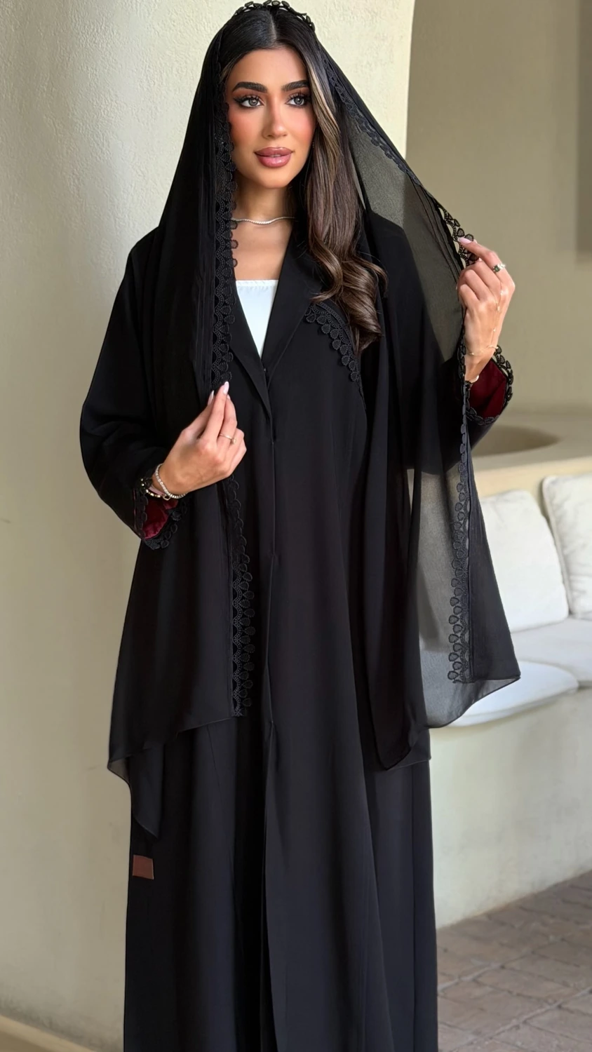 Black Burgundy Lace Layered Abaya product image 1