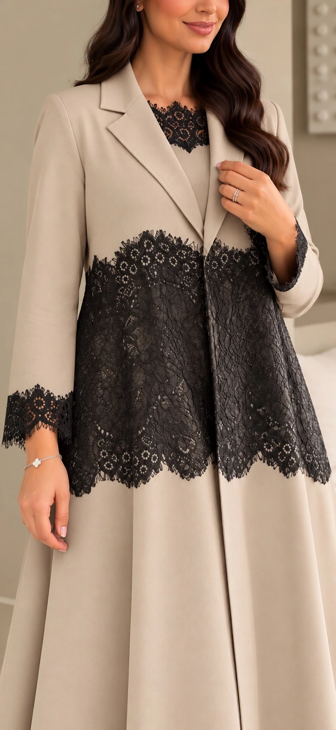 Beige Black Lace Abaya view 1