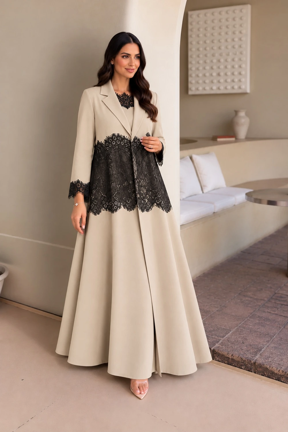 Beige Black Lace Abaya view 2