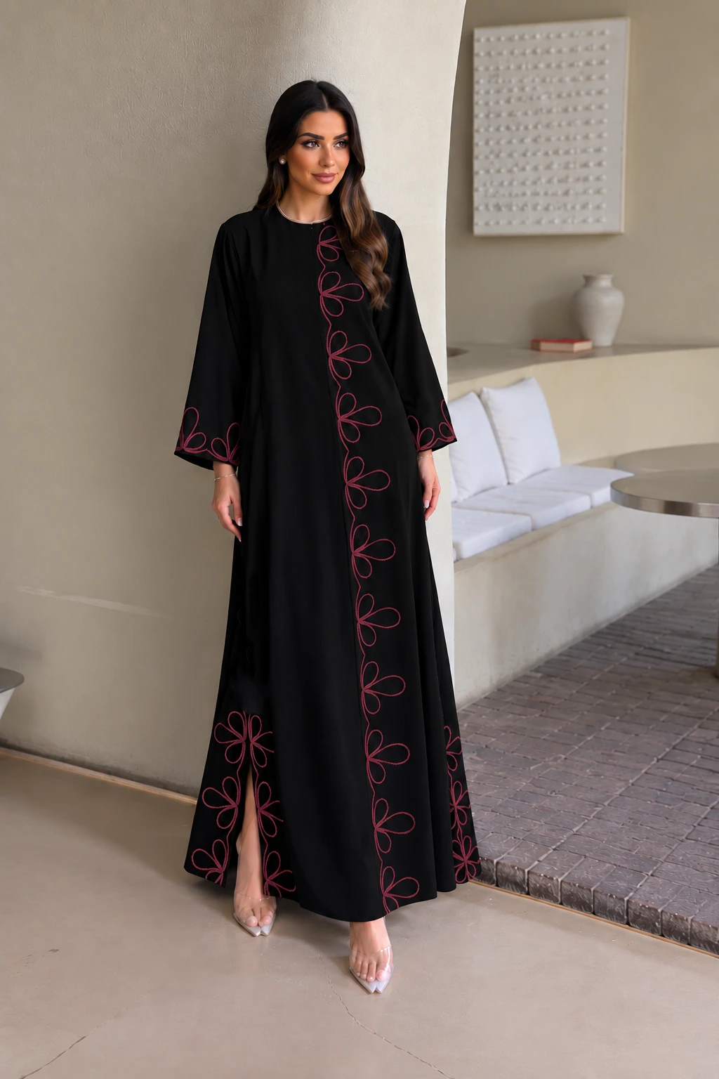 Black Burgundy Floral Embroidered Abaya