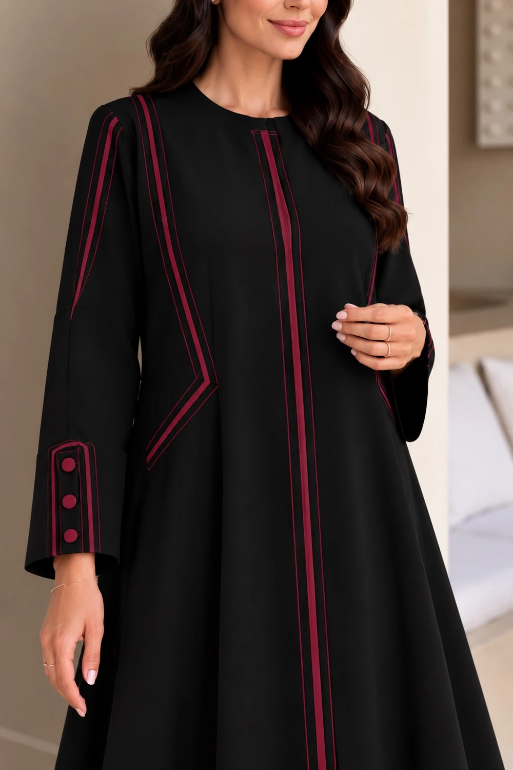 Black Burgundy Geometric Piping Abaya view 2
