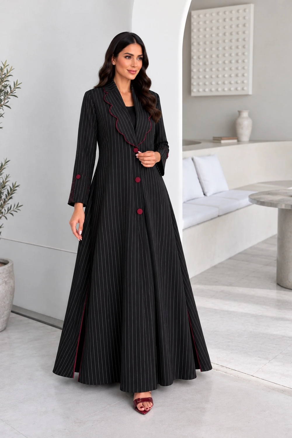 Black Burgundy Piped Pleated Abaya view 1