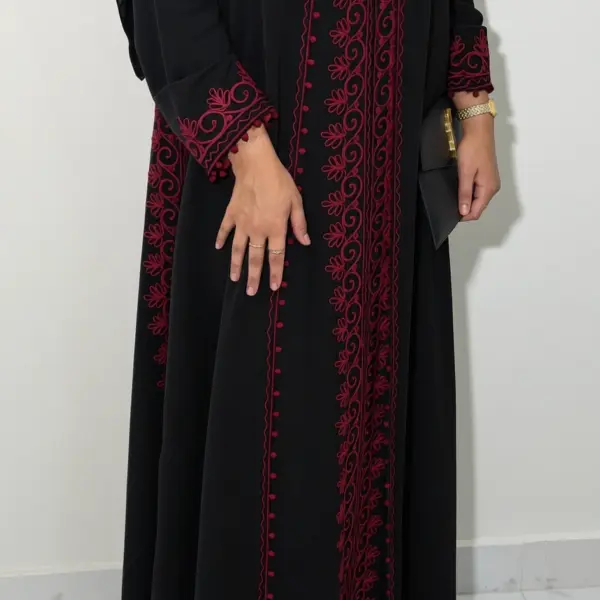 Black Burgundy Scroll Embroidered Abaya