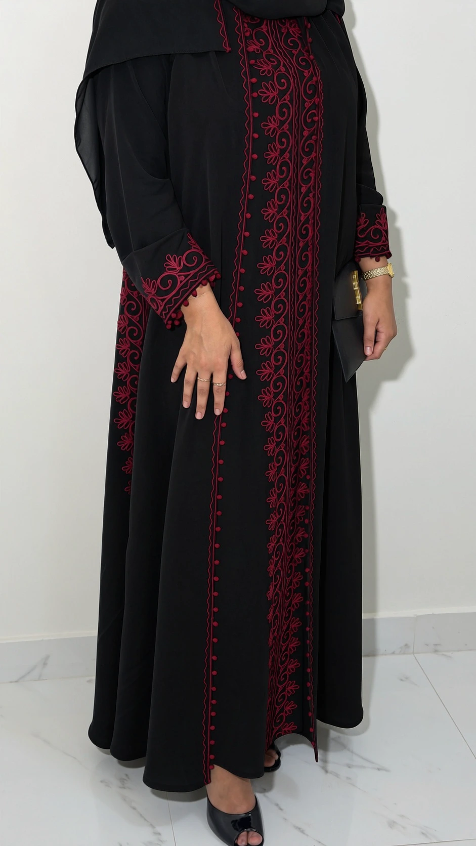 Black Burgundy Scroll Embroidered Abaya