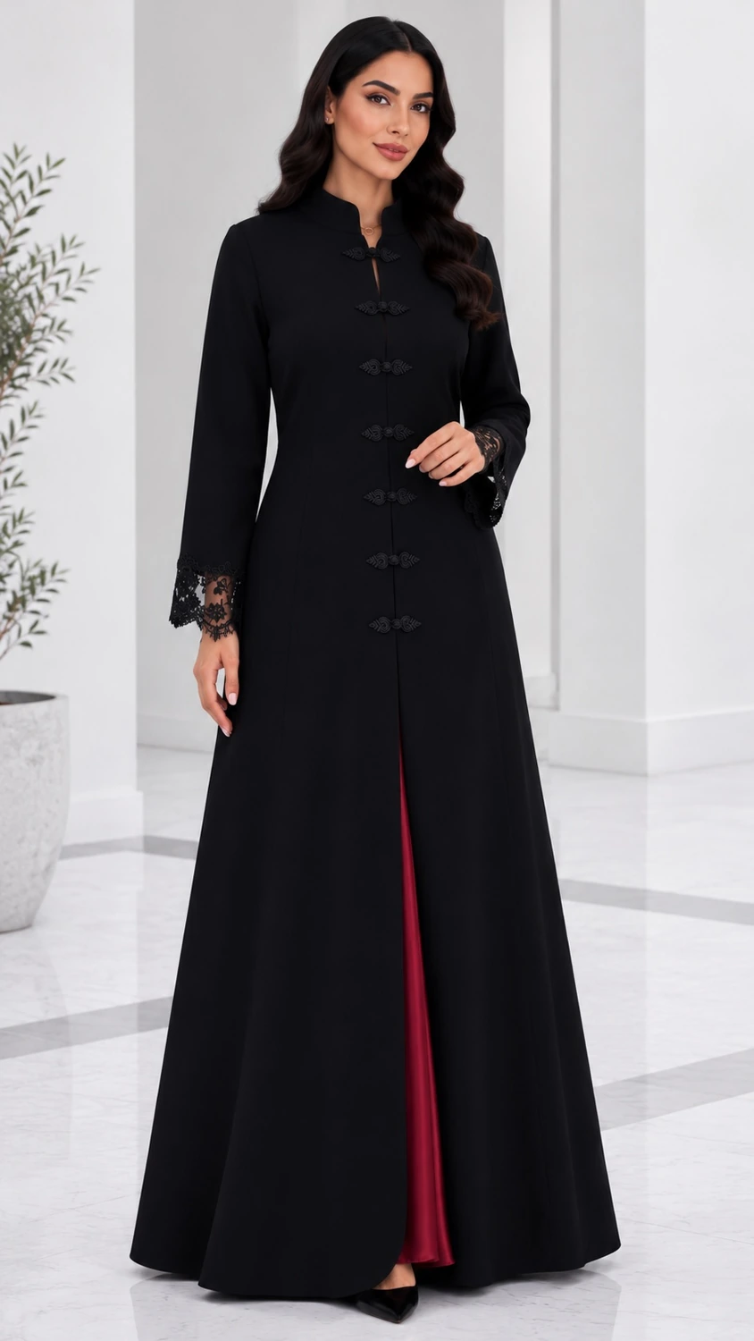 Black Lace Cuff Red Panel Abaya view 1