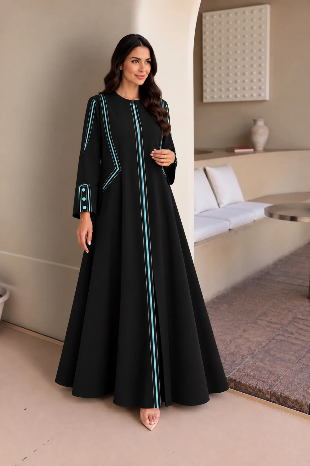 Black Turquoise Geometric Piping Abaya view 1