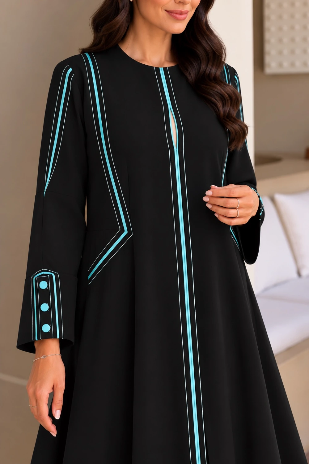 Black Turquoise Geometric Piping Abaya view 2