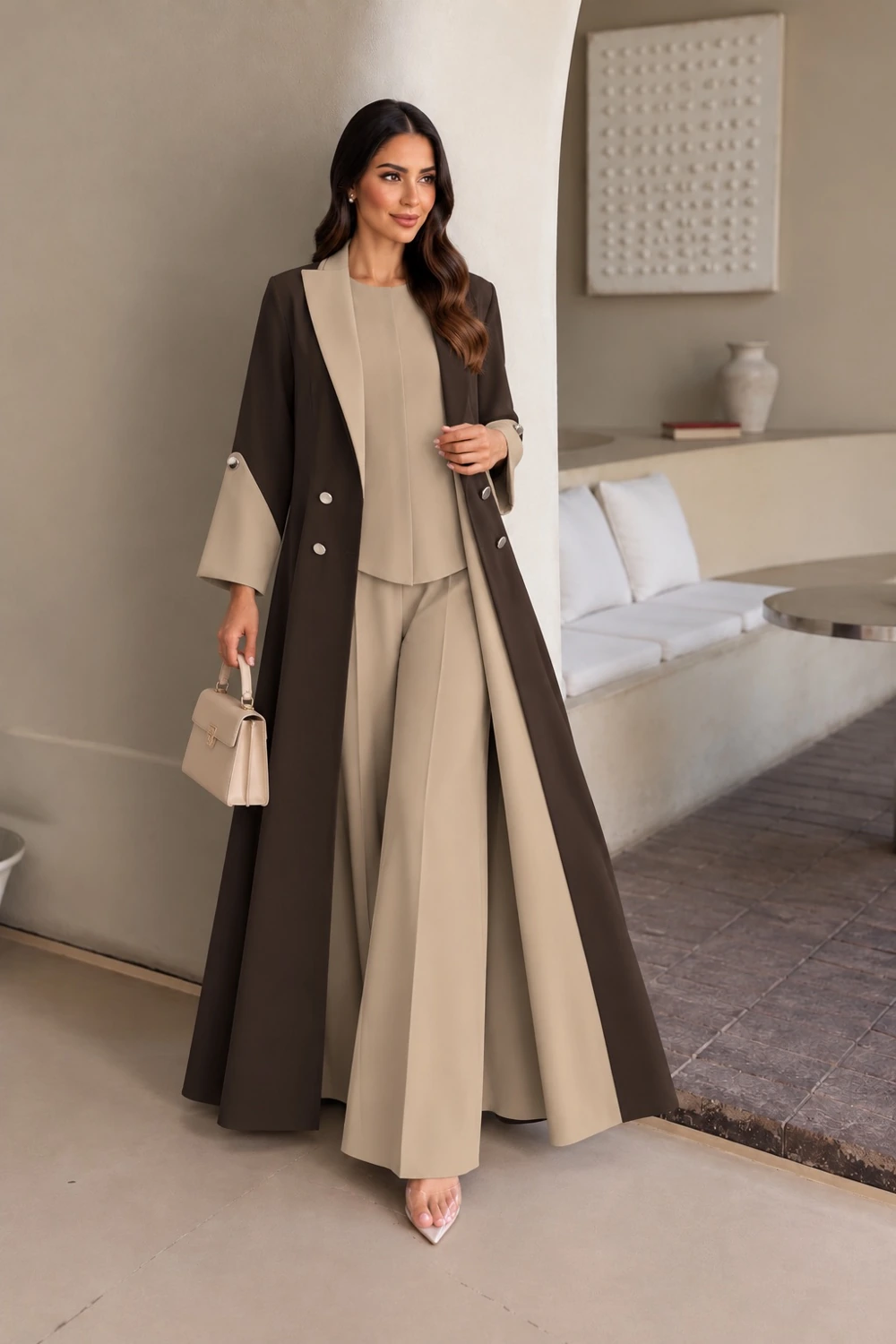 Brown Beige Contrast Blazer Abaya view 1