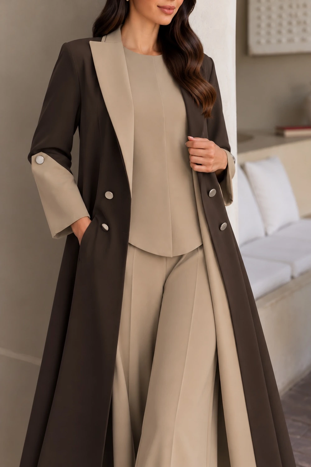 Brown Beige Contrast Blazer Abaya view 2