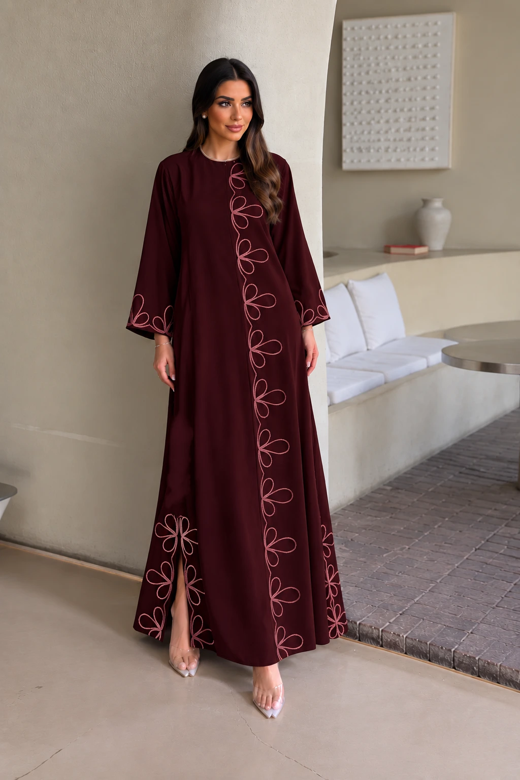 Burgundy Pink Floral Embroidered Abaya