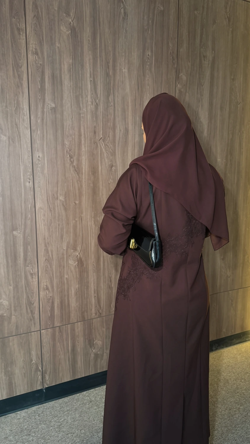 Dark Brown Lace Trim Abaya view 2