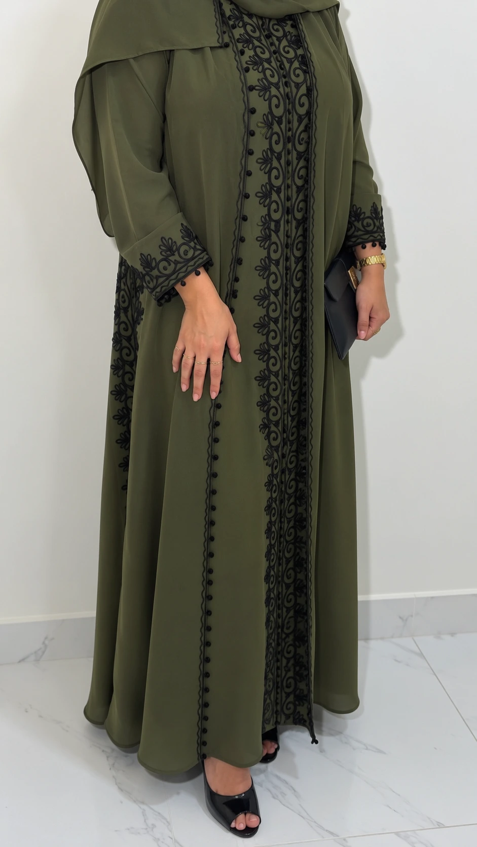 Olive Black Scroll Embroidered Abaya