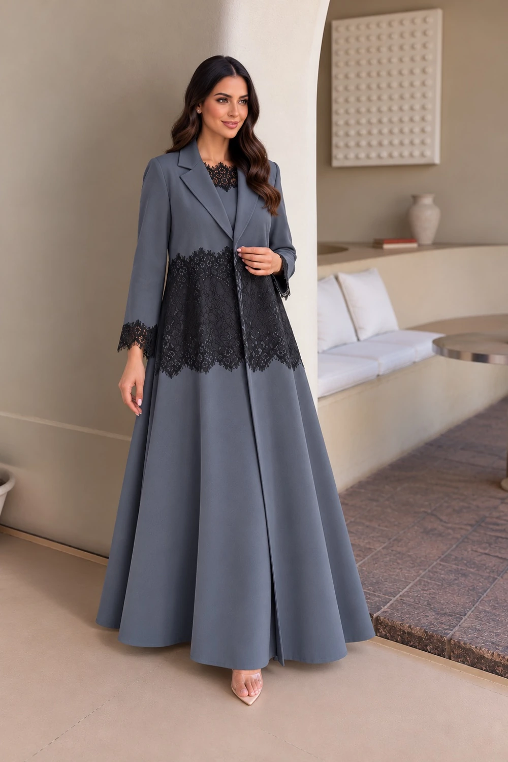Slate Grey Black Lace Abaya view 1
