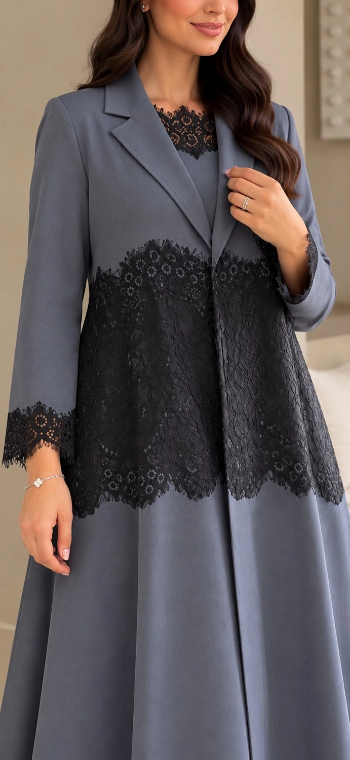 Slate Grey Black Lace Abaya view 2